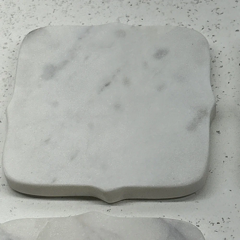 Vintage Set of 4 White Marble Coasters Scalloped Edges Square Drink Holder